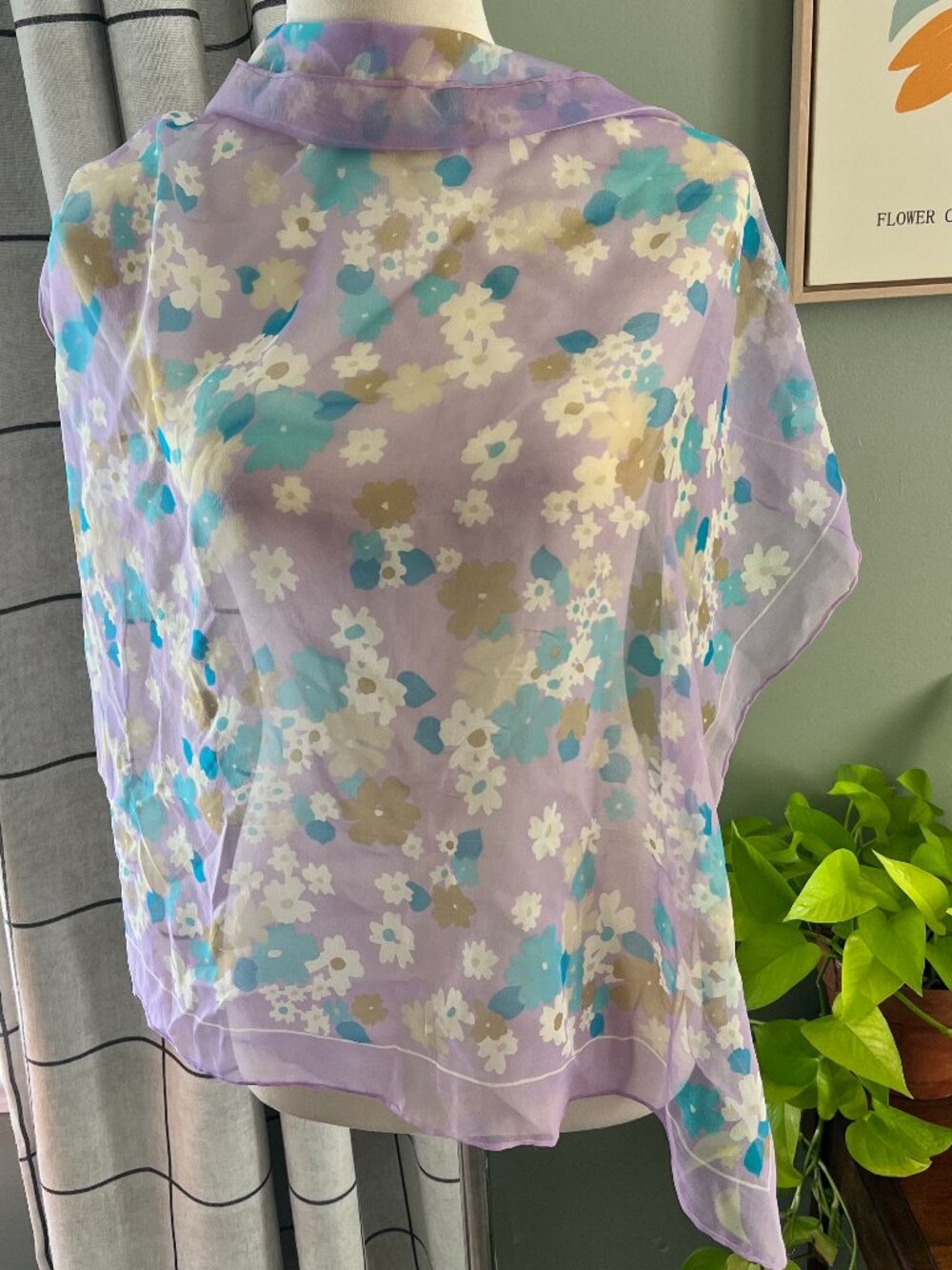 Vintage Glentex Sheer Floral Scarf Lavender Blue Japan 27x29